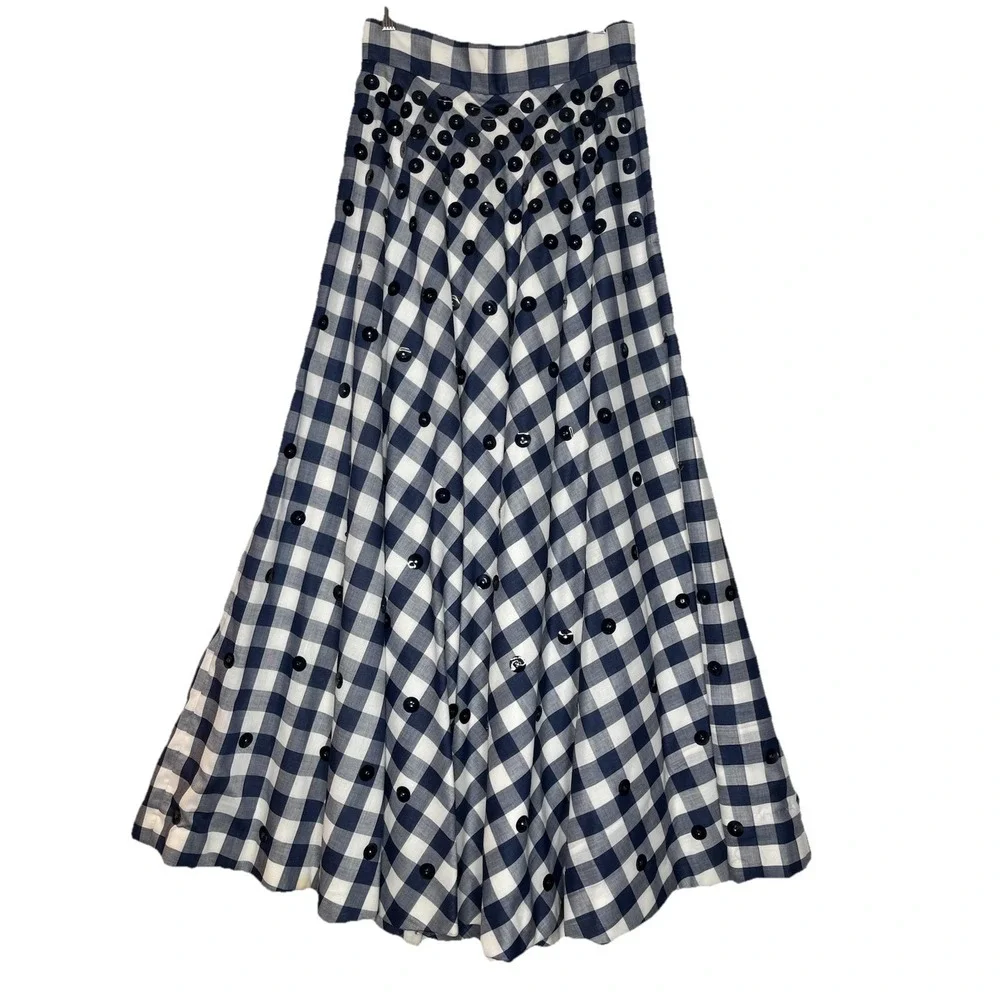 ZiZi International Vtg Women's Skirt 4 (measured) Blue White Check Embellished‎